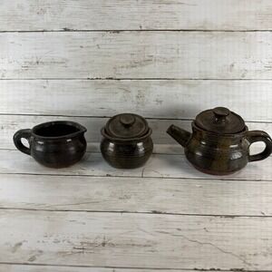 Vintage JC Studio Pottery Tea Set Teapot Lidded Sugar Bowl Creamer Dark Glaze